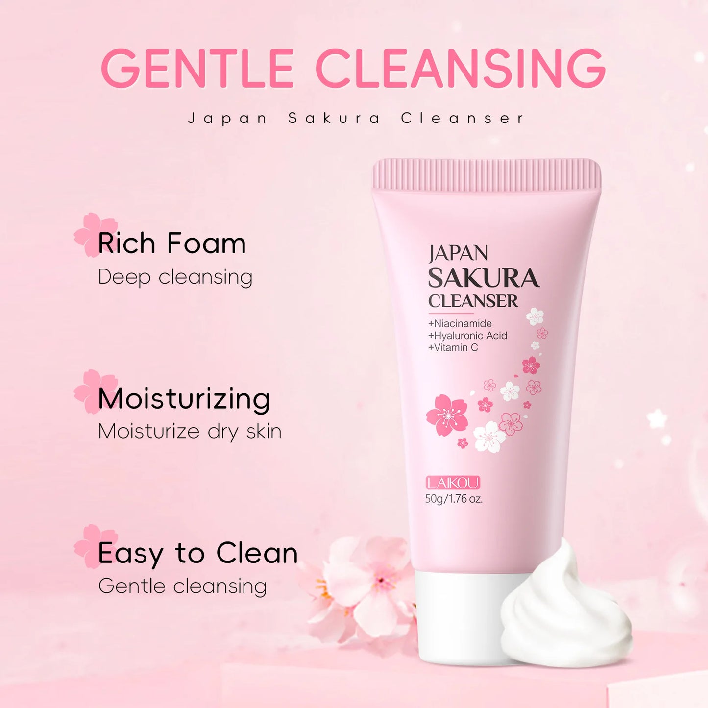 Laikou Sakura Whitening Facial Cleanser Foam Moisturizing Deep Remove Cleansing Acne Milk Oil Control Exfoliating Shrink Pores