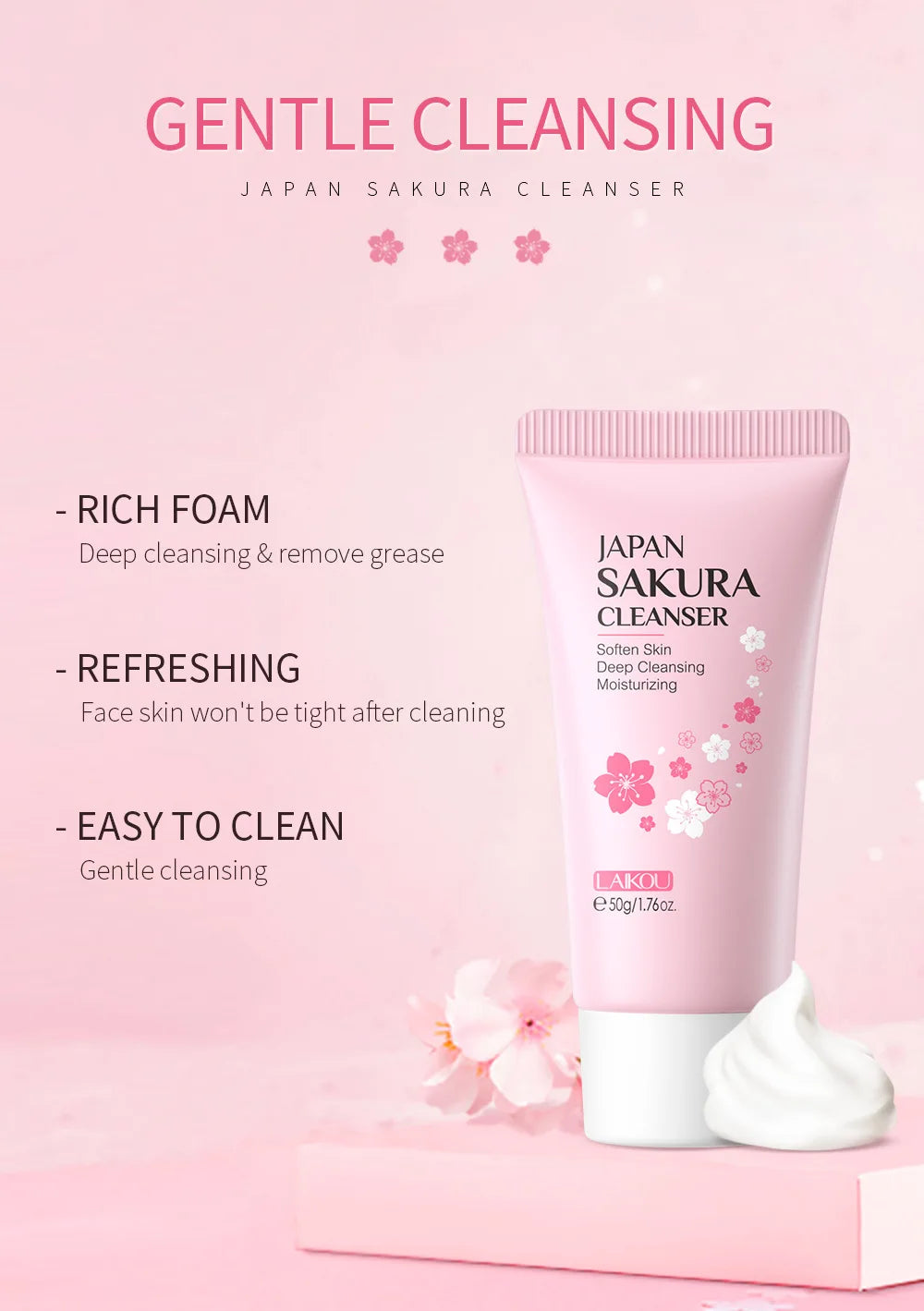 Laikou Sakura Whitening Facial Cleanser Foam Moisturizing Deep Remove Cleansing Acne Milk Oil Control Exfoliating Shrink Pores