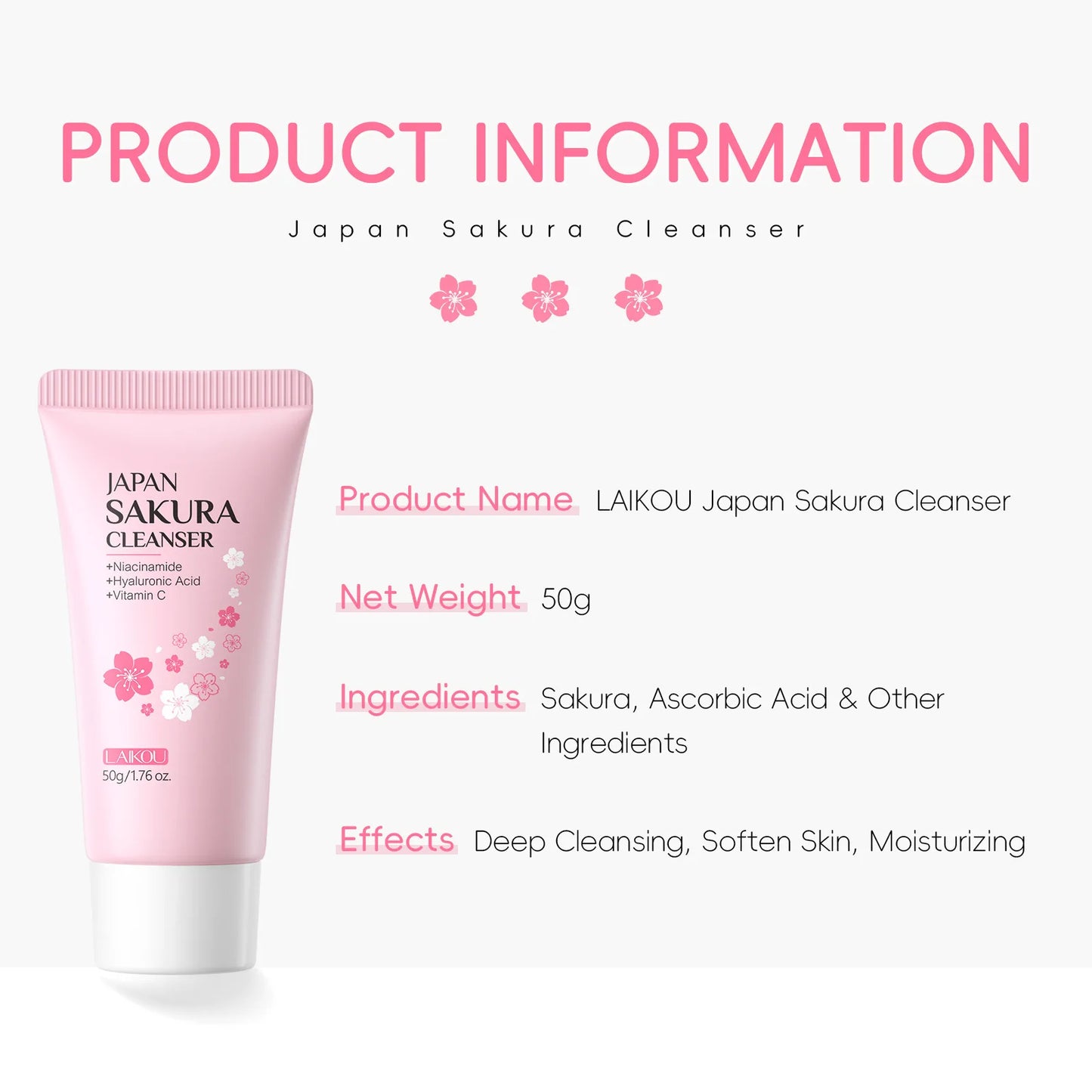 Laikou Sakura Whitening Facial Cleanser Foam Moisturizing Deep Remove Cleansing Acne Milk Oil Control Exfoliating Shrink Pores
