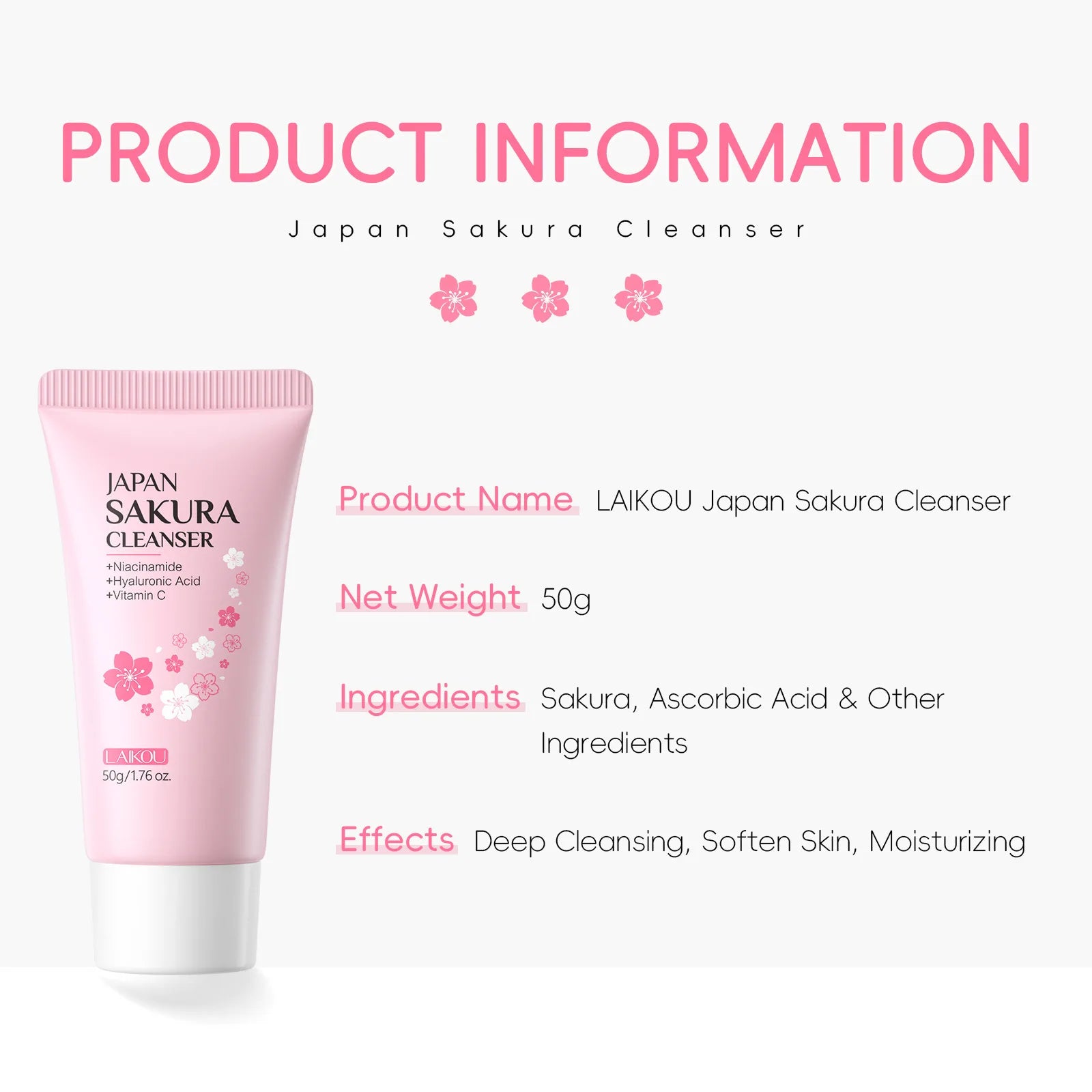 Laikou Sakura Whitening Facial Cleanser Foam Moisturizing Deep Remove Cleansing Acne Milk Oil Control Exfoliating Shrink Pores